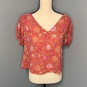 Rachel Zoe Women’s Orange Floral V-Neck Blouse Sz XS